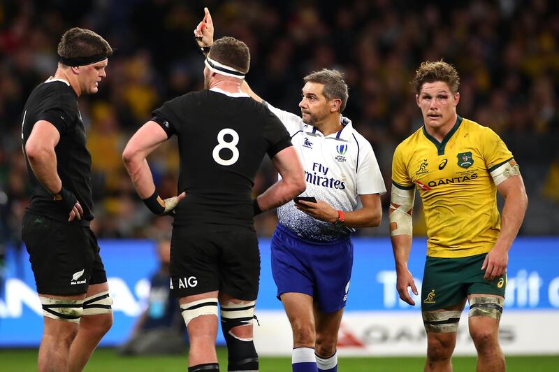 PERTH, AUSTRALIA - AUGUST 10: Scott Barrett of New Zealand is shown the red card during the 2019 Rugby Championship Test Match between the Australian Wallabies and the New Zealand All Blacks at Optus Stadium on August 10, 2019 in Perth, Australia. (Photo by Cameron Spencer/Getty Images)