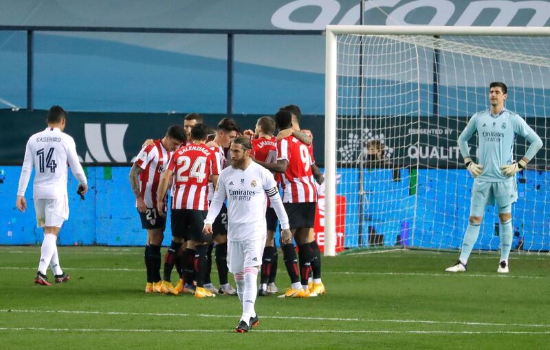 Athletic Bilbao players celebrate after Raul Garcia scored their first goal against Real Madrid in the Spanish Super Cup semi-final. Bilbao won the game 2-1. Reuters