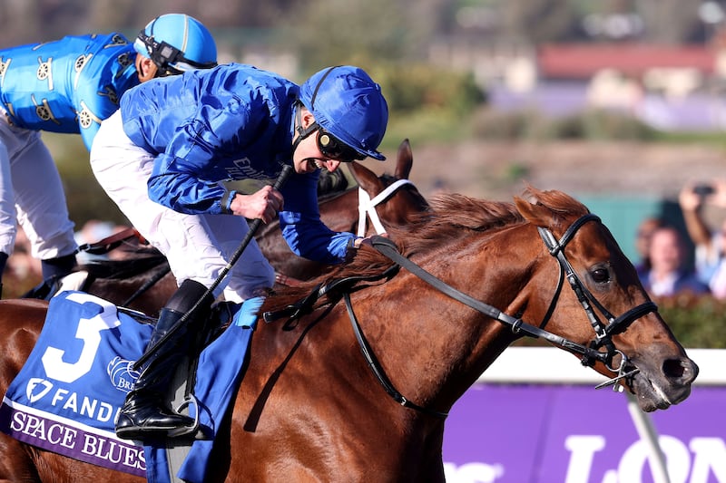 Jockey William Buick celebrates after riding Space Blues to win the Breeders' Cup Mile at Del Mar on November 6, 2021. Getty