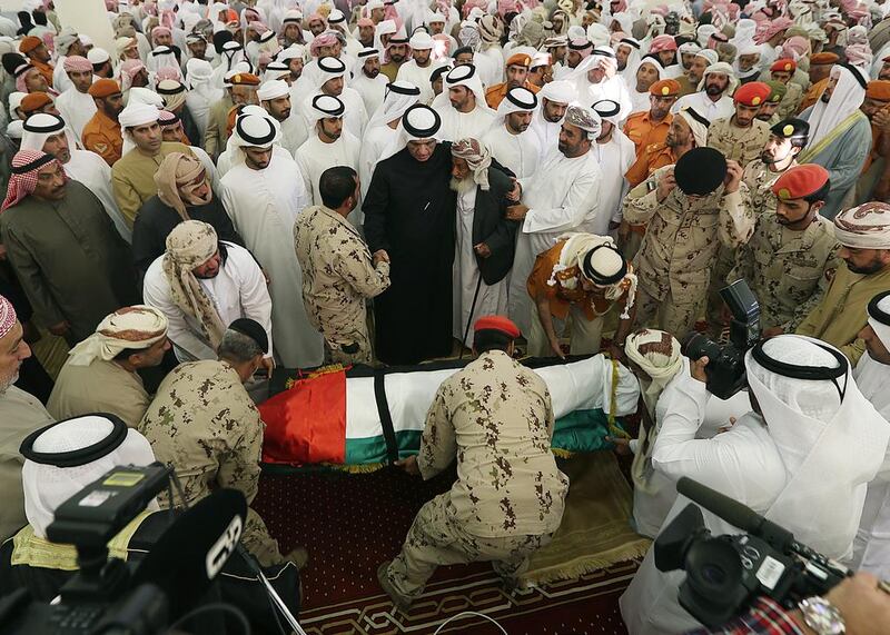 Sheikh Saud Bin Saqr Al Qasimi, ruler of Ras Al Khaimah, attends the funeral prayer of the warrant officer Rashid Ali Mohammed Al Duhouri, who was killed while taking part in the Saudi-led Arab coalition’s Operation Restoring Hope in Yemen, at the Sheikh Zayed Mosque in Ras Al Khaimah.  Satish Kumar / The National