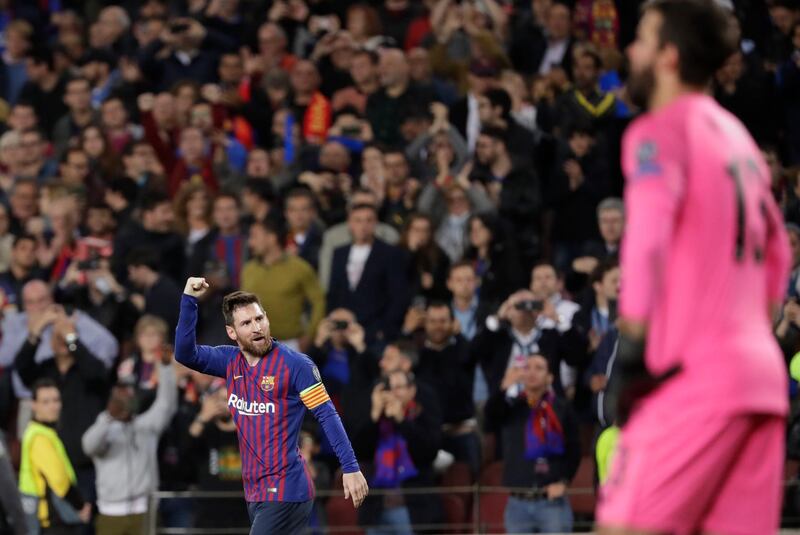 Barcelona's Lionel Messi celebrates after scoring his side's second goal. Emilio Morenatti / AP Photo