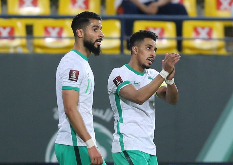 Saleh Al-Shehri celebrates scoring Saudi Arabia's fourth goal against Palestine. Reuters