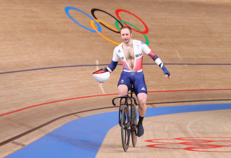 Jason Kenny of Team Great Britain celebrates winning the gold medal during the Men's Keirin final.