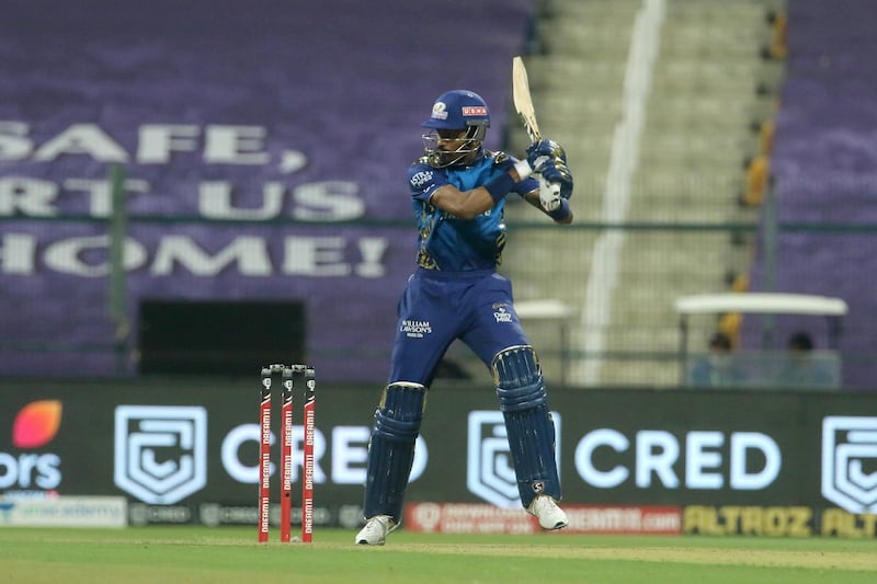 Hardik Pandya of Mumbai Indians plays a shot during match 20 of season 13 of the Dream 11 Indian Premier League (IPL) between the Mumbai Indians and the Rajasthan Royals at the Sheikh Zayed Stadium, Abu Dhabi  in the United Arab Emirates on the 6th October 2020.  Photo by: Vipin Pawar  / Sportzpics for BCCI