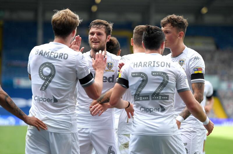 Liam Cooper of Leeds United celebrates his sides first goal, an own goal scored by Michael Sollbauer of Barnsley. Getty