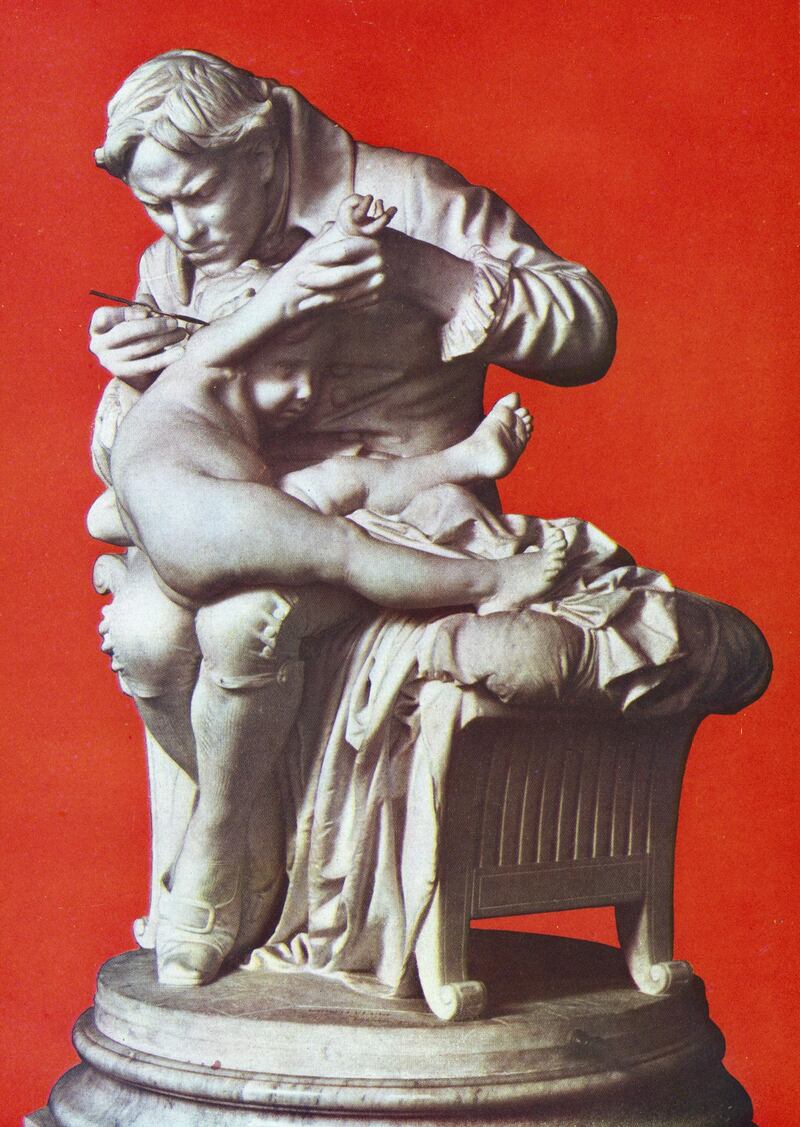 UNSPECIFIED - CIRCA 1754: Edward Jenner (1749-1823) English physician, vaccinating his son, (c1796). Jenner by 1796 had proved that serum from Cowpox would protect from smallpox. After sculpture in bronze by Giulio Monteverde (1837-1917). (Photo by Universal History Archive/Getty Images)