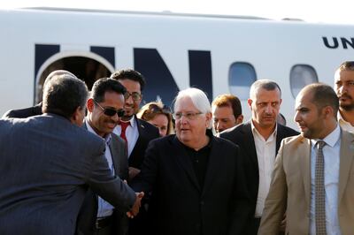 United Nations envoy to Yemen, Martin Griffiths (C), shakes hands with Houthi officials upon his arrival at Sanaa airport in Sanaa, Yemen January 5, 2019. REUTERS/Khaled Abdullah
