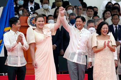 Philippine President Ferdinand Marcos Jr and Vice President Sara Duterte at his inauguration ceremony in Manila. AP 