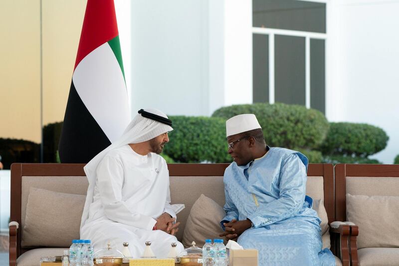 ABU DHABI, UNITED ARAB EMIRATES - December 17, 2018: HH Sheikh Mohamed bin Zayed Al Nahyan, Crown Prince of Abu Dhabi and Deputy Supreme Commander of the UAE Armed Forces (L), receives HE Ibrahima Kassory Fofana, Prime Minister of Guinea(R), during a Sea Palace barza.

( Mohamed Al Hammadi / Ministry of Presidential Affairs )
---