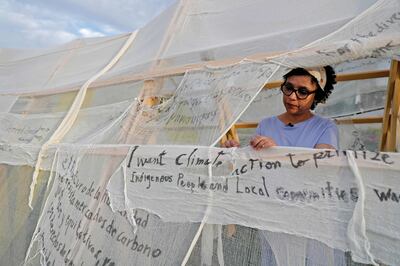 Egyptian artist Bahia Sheha beside her installation "Heaven & Hell in the Anthropocene", at the Cop27 climate summit in Sharm El Sheikh, on November 14, 2022. AFP