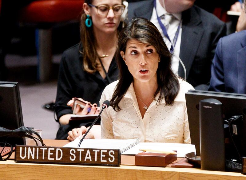 epa06822998 (FILE) Nikki Haley, the United States' Permanent Representative to the United Nations, speaks during an United Nations Security Council meeting in response to the violence at the border between Gaza and Israel at United Nations headquarters in New York, New York, USA, 15 May 2018 (reissued on 19 June 2018). Nikki Haley, the United States' Permanent Representative to the United Nations announced on 19 June that the US is withdrawing from the United Nations Human Rights Council.  EPA/JUSTIN LANE