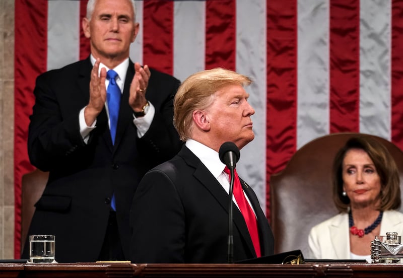 epa07346743 US President Donald J. Trump delivers the State of the Union address with Vice President Mike Pence and Speaker of the House Nancy Pelosi at the Capitol in Washington, DC, USA, 05 February 2019.  EPA/Doug Mills / POOL