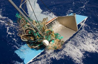epa06622511 An undated handout photo made available by The Ocean Cleanup on 23 March 2018 shows abandoned nets, ropes and other plastic garbage being pulled out of the ocean at the Great Pacific Garbage Patch (GPGP), located between halfway between Hawaii and California, USA. According to research by a team of scientists with The Ocean Cleanup Foundation, the Great Pacific Garbage Patch in the Pacific Ocean is now estimated to contain around 1.8 trillion pieces of plastic weighing 80,000 tons, sixteen times more than previously estimated.  EPA/THE OCEAN CLEANUP HANDOUT  HANDOUT EDITORIAL USE ONLY/NO SALES