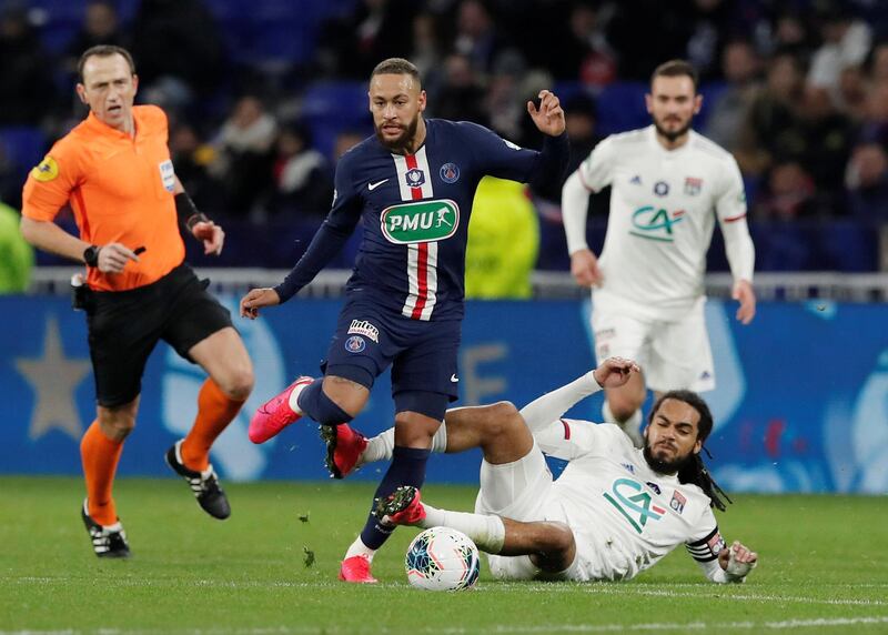 Neymar on the attack against Lyon. Reuters