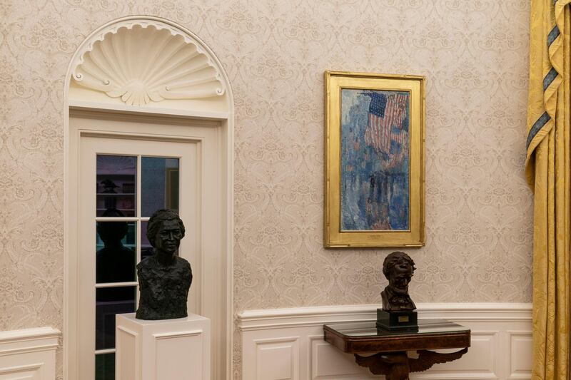 Busts of civil rights leader Rosa Parks, left, and President Abraham Lincoln are seen at the newly decorated Oval Office of the White House. AP Photo