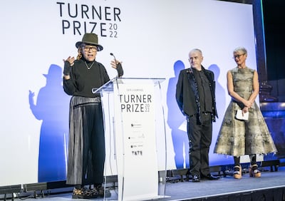Turner Prize winner sculptor Veronica Ryan, left, with Holly Johnson,  second right, and the director of the Tate, Maria Balshaw, after being announced as the winner of the Turner Prize at St George's Hall in Liverpool on December 7. PA