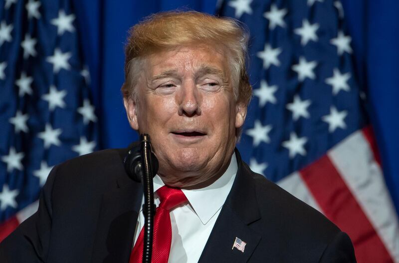 epa07579644 US President Donald J. Trump speaks to the National Association of Realtors Legislative Meeting and Trade Expo at the Washington Marriott Wardman Park in Washington, DC, USA, 17 May 2019. Trump touted strong economic statistics and real estate sales.  EPA/ERIK S. LESSER