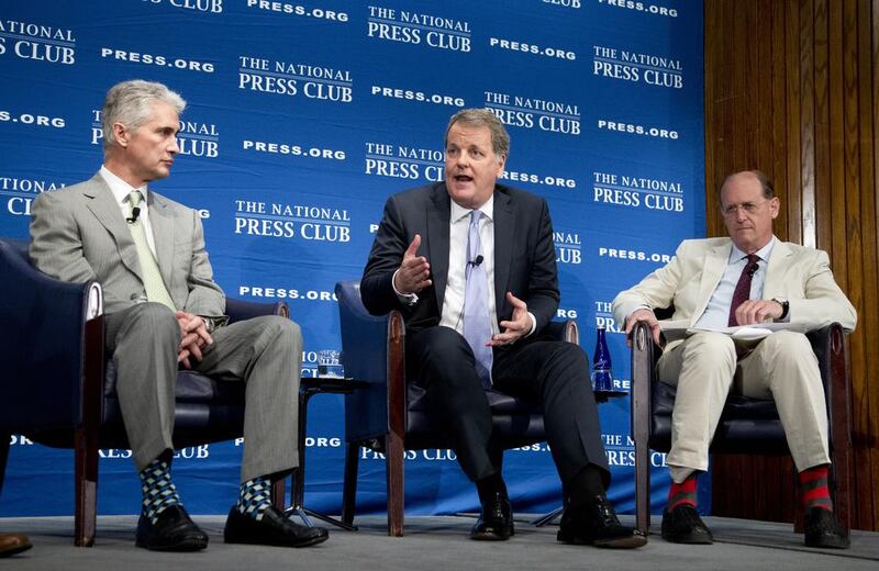 From left: Jeff Smisek and W Douglas Parker of Untied Airlines and Richard Anderson of Delta during a forum in Washington on Friday, May 15, 2015. Manuel Balce Ceneta / AP Photo