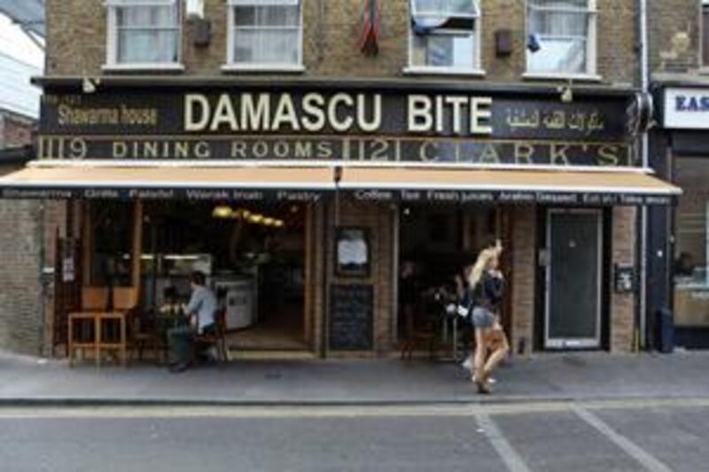 The Syrian restaurant Damascu Bite serves Middle Eastern dishes including shawarma and falafel in Brick Lane, East London, a neighbourhood known for its Bangladeshi curry houses.