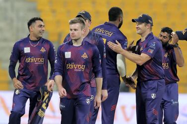 Deccan Gladiators players celebrate after winning the second eliminator match against Qalandars at Zayed Cricket Stadium. Pawan Singh / The National