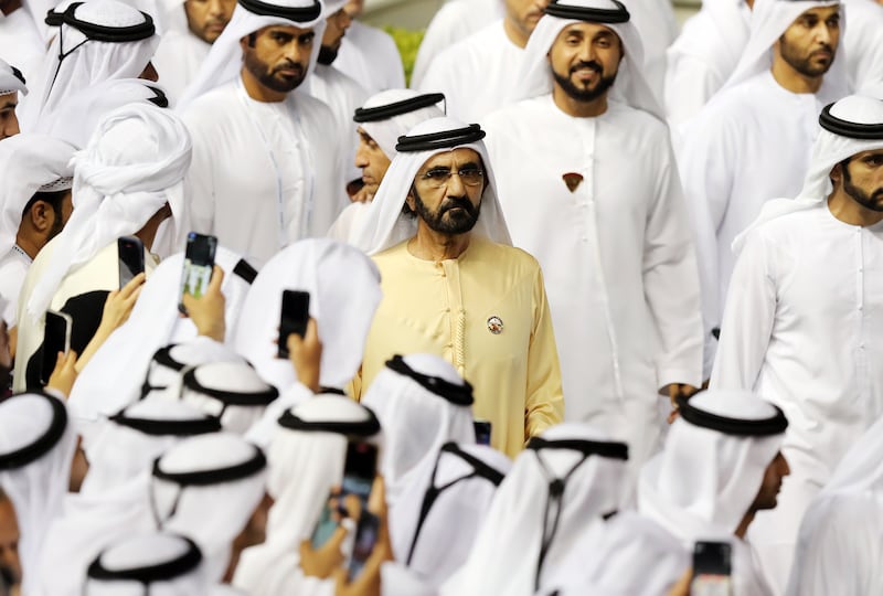 Sheikh Mohammed bin Rashid at the 2022 Dubai World Cup, won by Country Grammer, ridden by Frankie Dettori, at Meydan Racecourse in Dubai. Chris Whiteoak / The National
