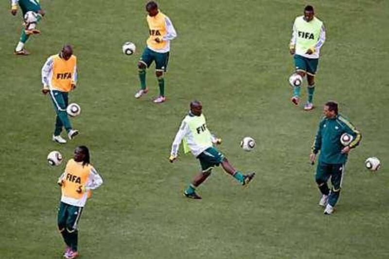 South Africa players work on their ball control during their final training session before today's World Cup opener against Mexico in Soccer City in Johannesburg.