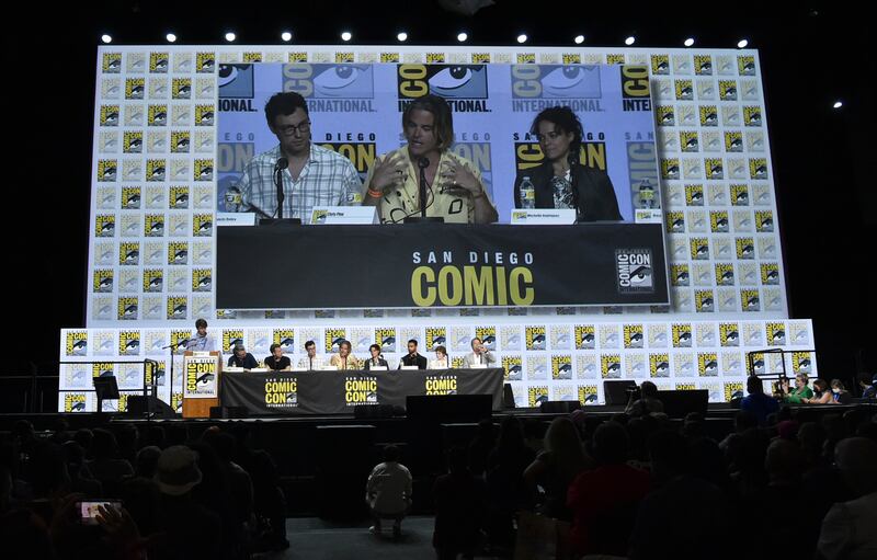 The full panel, including writer and director John Francis Daley, Chris Pine and Michelle Rodriguez on the screen. AP
