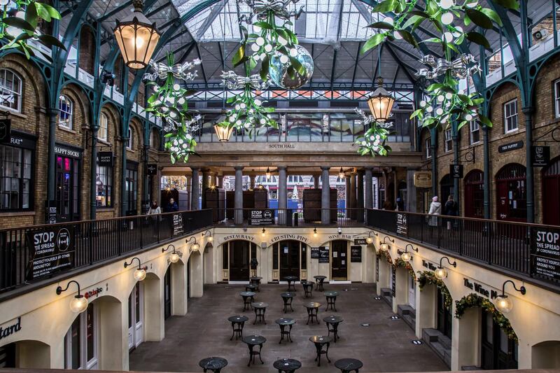 Locations in London during lockdown in the lead up to Christmas 2020. Covent Garden
