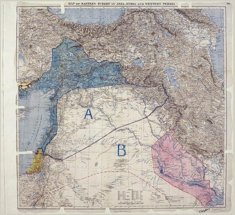 A picture of the map according to the Sykes-Picot agreement. Wikipedia Photo