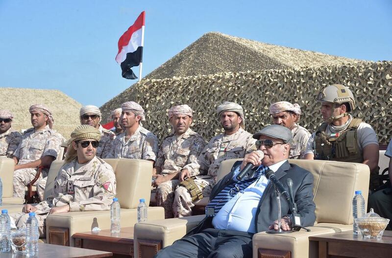 Yemeni President Abdrabu Mansur Hadi attends the graduation of the second batch UAE-trained Yemeni resistance.