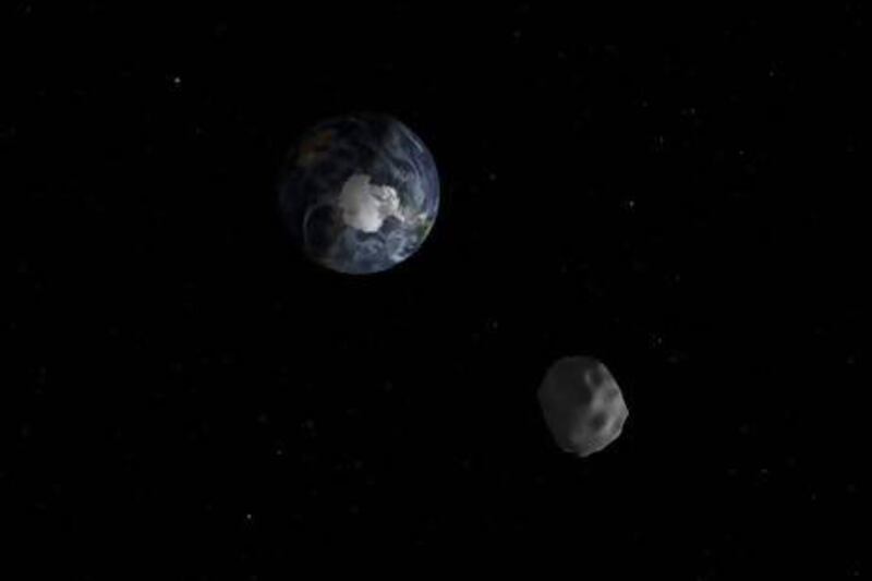 The passage of asteroid 2012 DA14 through the Earth-moon system, is depicted in this handout image from NASA. Reuters