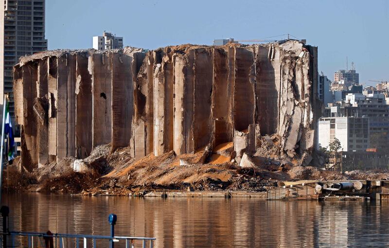 The destroyed silo is pictured on October 26, 2020 at Beirut's port following the August 4 massive chemical explosion at the site which that caused severe damage across swathes of the Lebanese capital. / AFP / THOMAS COEX
