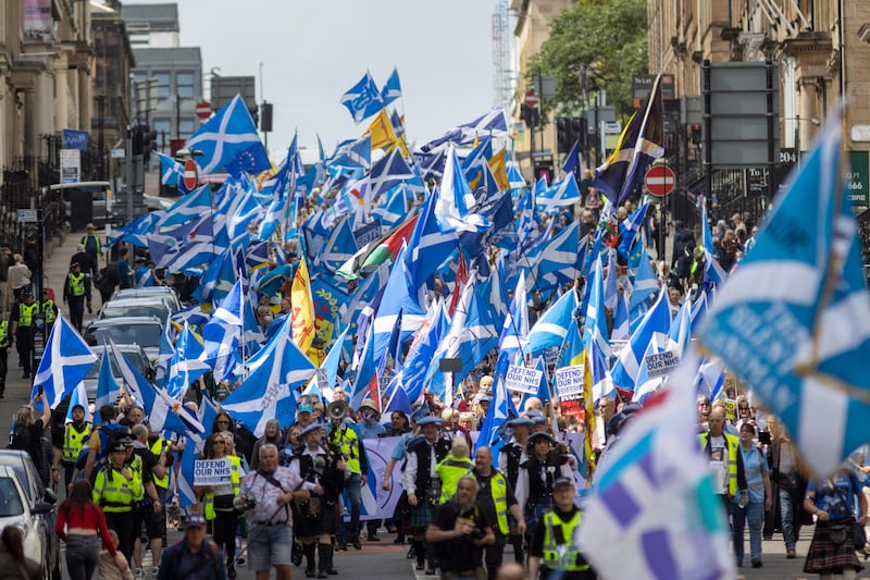 Scots take part in a march for independence in Glasgow in May. EPA