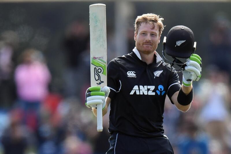 CHRISTCHURCH, NEW ZEALAND - FEBRUARY 16: Martin Guptill of New Zealand celebrates his century during Game 2 of the One Day International series between New Zealand and Bangladesh at Hagley Oval on February 16, 2019 in Christchurch, New Zealand. (Photo by Kai Schwoerer/Getty Images)