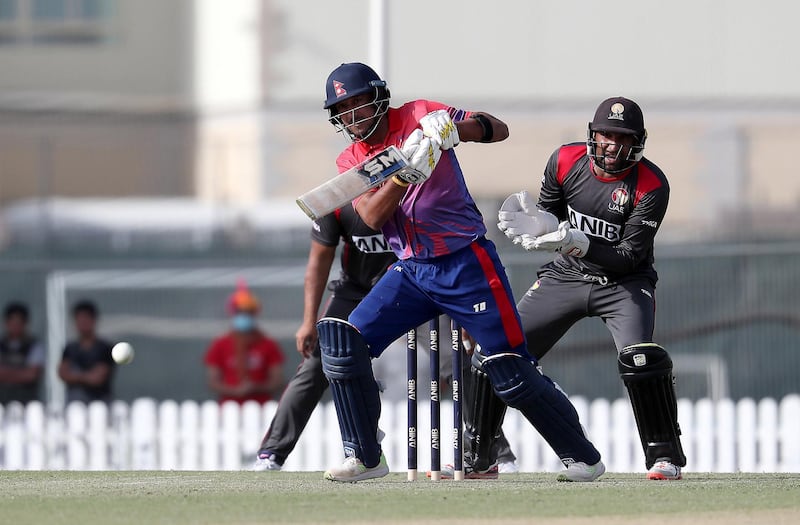 DUBAI , UNITED ARAB EMIRATES , January 28 – 2019 :- Paras Khadka of Nepal playing a shot during the one day international cricket match between UAE vs Nepal held at ICC cricket academy in Dubai. Nepal won the match by 4 wickets. Paras scored 115 runs in this match. ( Pawan Singh / The National ) For Sports. Story by Paul
