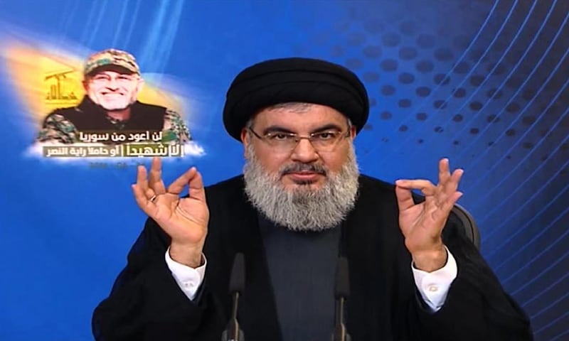 An image grab from Hizbollah’s Al Manar TV shows Hassan Nasrallah, the head of Lebanese militant Shiite movement, giving a televised address on June 24, 2016. Al Manar TV / AFP