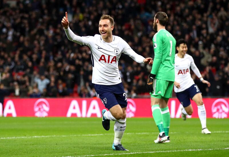 LONDON, ENGLAND - JANUARY 31:  Christian Eriksen of Tottenham Hotspur celebrates after scoring his sides first goal during the Premier League match between Tottenham Hotspur and Manchester United at Wembley Stadium on January 31, 2018 in London, England.  (Photo by Julian Finney/Getty Images)