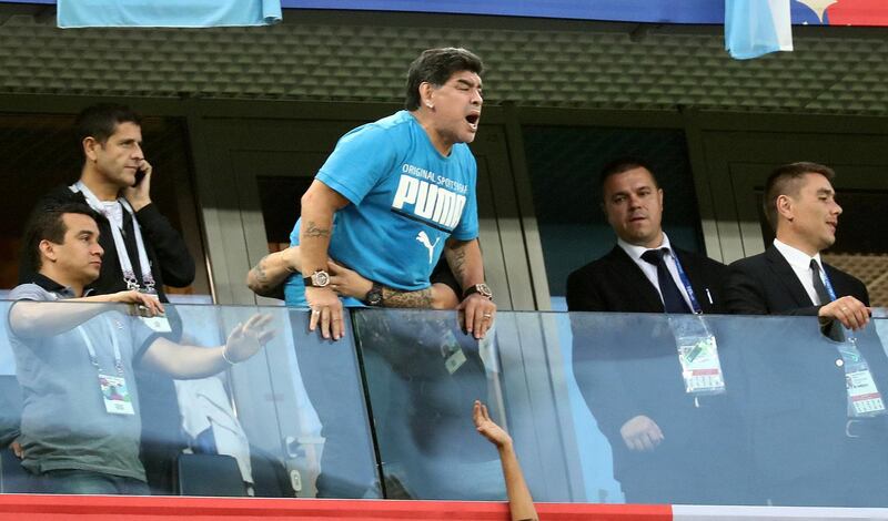 Diego Maradona reacts in the stands. Sergio Perez / Reuters