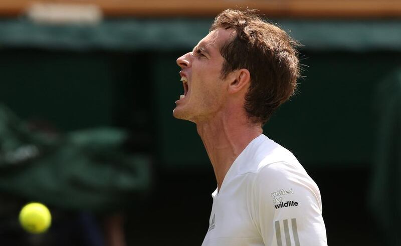 Andy Murray reacts to breaking the serve of Bulgaria's Grigor Dimitrov during their men's singles quarter-final match. It was Dimitrov who would have something to shot about later as he upset the defending champion on Day 9 of the 2014 Wimbledon Championships. Andrew Yates / AFP