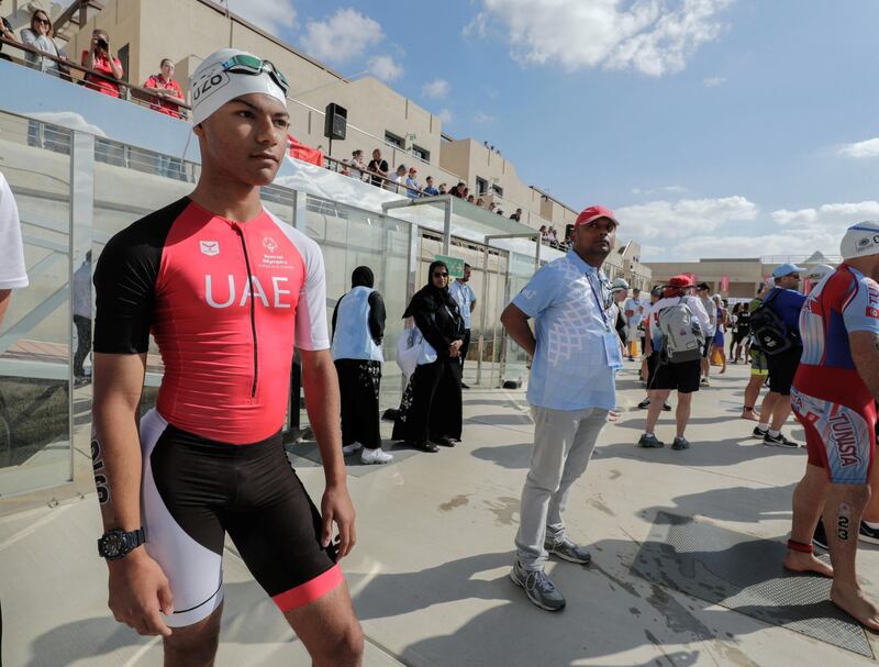 Abu Dhabi, United Arab Emirates, March 8, 2019.  Special Olympics ITU Traiathlon at the YAS Marina Circuit. -- Micah Hambleton at the start of the race.Victor Besa/The NationalSection:  NAReporter:  Haneen Dajani