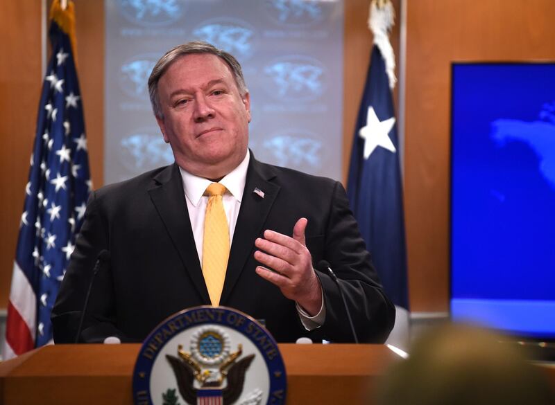 US Secretary of State Mike Pompeo speaks at a press briefing in the State Department in Washington, DC, on February 1, 2019. Pompeo announced that the US will withdraw from the Intermediate-Range Nuclear Forces Treaty with Russia
 / AFP / Eric BARADAT                
