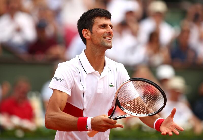 PARIS, FRANCE - MAY 28:  Novak Djokovic of Serbia celebrates victory during the mens singles first round match against Rogerio Dutra Silva of Brazil during day two of the 2018 French Open at Roland Garros on May 28, 2018 in Paris, France.  (Photo by Clive Brunskill/Getty Images)