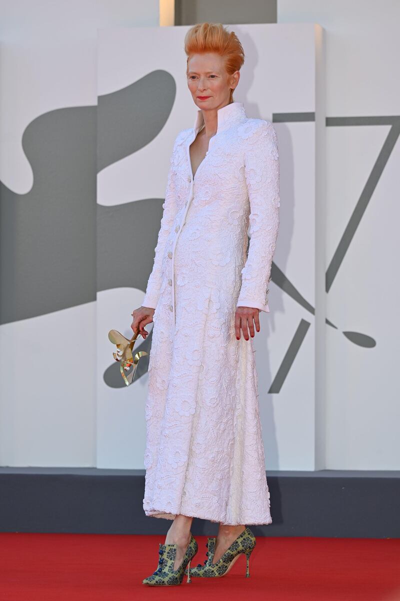 Tilda Swinton, in Chanel, arrives for the screening of 'The Human Voice' on the second day of the 77th Venice Film Festival, on September 3, 2020 at Venice Lido. AFP