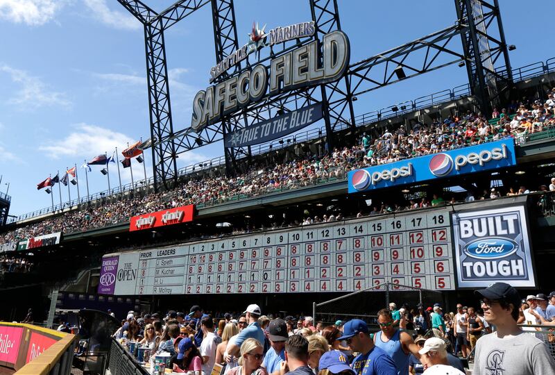 The leaderboard of the British Open shows Jordan Spieth as the winner on a video display at Safeco Field during a baseball game between the Seattle Mariners and the New York Yankees, Sunday, July 23, 2017, in Seattle. Ted S. Warren / AP Photo