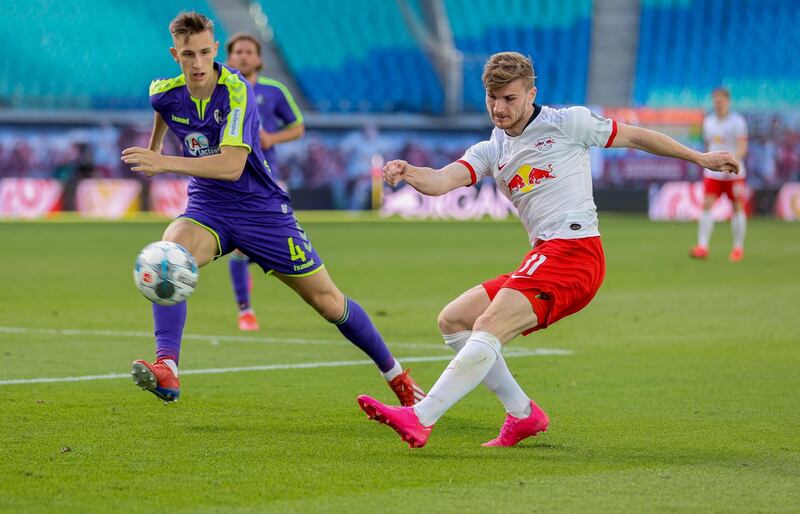 RB LEIPZIG 1 FREIBURG 1. Leipzig's Timo Werner crosses the ball under pressure from Nico Schlotterbeck of Freiburg at the Red Bull Arena on May 16, 2020. EPA