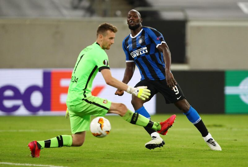 Inter's Romelu Lukaku scores but the goal is ruled out for offside. Reuters