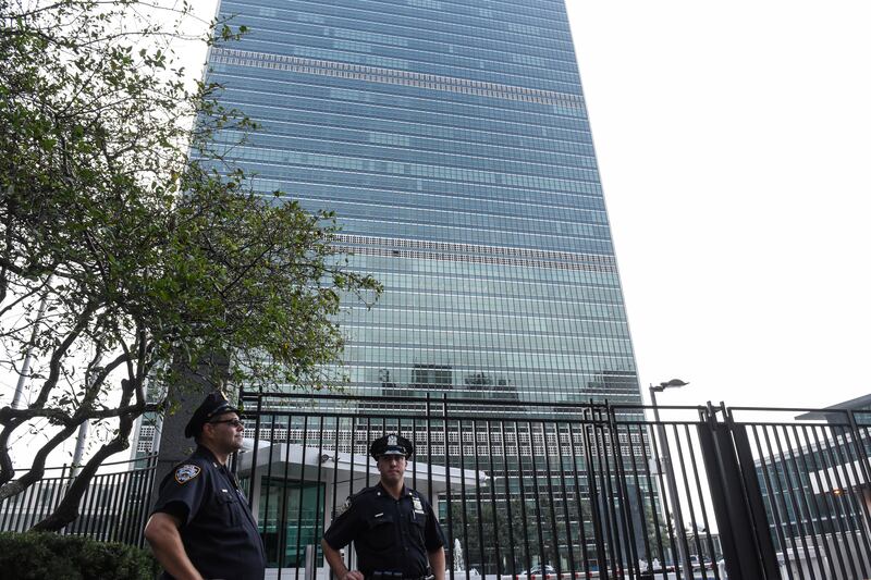 Members of the New York City police department stand guard in front of the United Nations building in New York City, U.S. September 17, 2017. REUTERS/Stephanie Keith