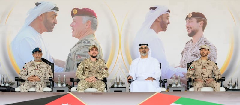 Jordan's Crown Prince Hussein bin Abdullah observes a military exercise with Sheikh Khaled bin Mohamed, member of the Abu Dhabi Executive Council and chairman of the Abu Dhabi Executive Office. All photos: Wam