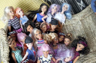 PARIS, FRANCE - OCTOBER 20:  Barbie dolls from the 2017 "Barbie Fashionistas" collection are displayed during an exhibition at Hotel Le Moliere on October 20, 2017 in Paris, France. Barbie expands its range of Fashionistas dolls with 15 new Ken dolls and 24 new Barbie dolls. The exhibition takes place on October 21 and 22, 2017.  (Photo by Chesnot/Getty Images)