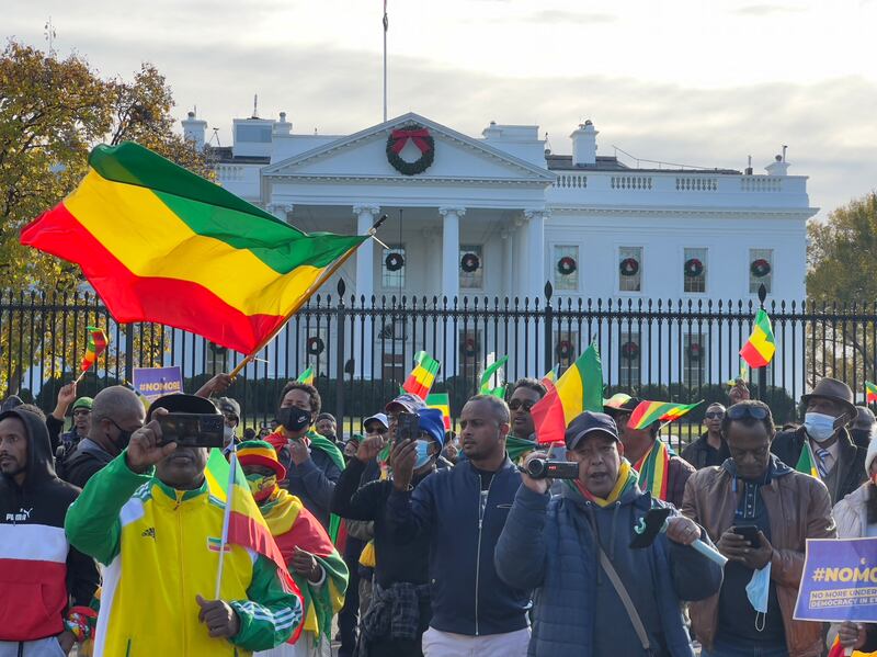 Activists supporting the Ethiopian government at a November protest in front of the White House demand a stop for what they say is American support for the Tigray People's Liberation Front.  AFP